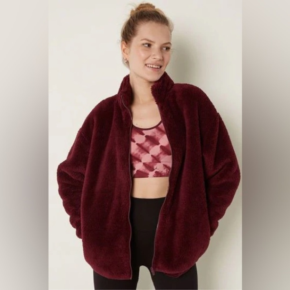 PINK Sherpa Jacket, Teddy Full Zip Burgundy Red Jacket Coat